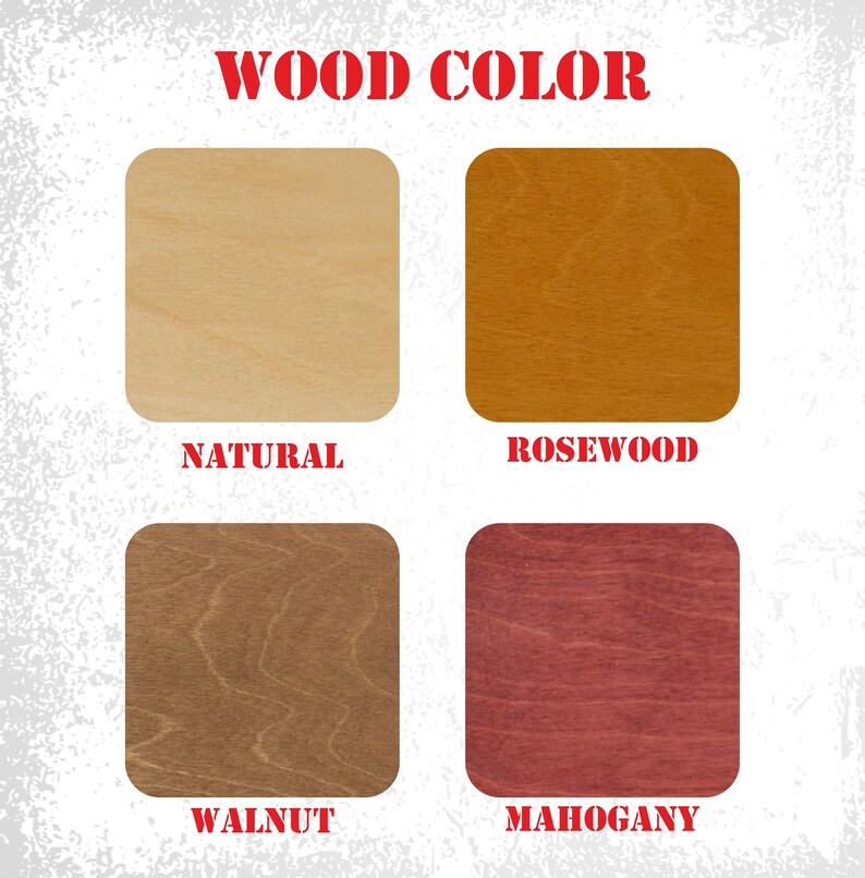 May include: Four wood samples showing different wood colors: natural, rosewood, walnut, and mahogany.