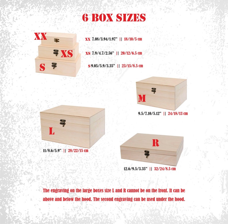 May include: Six wooden boxes of different sizes, labeled XX, XS, S, L, M, and R. Each box has a hinged lid and a small metal latch. The boxes are arranged in a grid pattern on a white background. The dimensions of each box are listed in inches and centimeters.