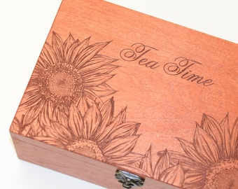 Caja de té personalizada Cofre de té grabado, Caja de almacenamiento de té personalizada, Organizador de bolsas de té, Regalo de girasol familiar, Caja de regalo del día de las madres