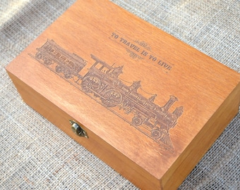 Custom Engraved Storage - Travel is to Live, Personal Engraved Wood Box, Wooden Memory box, Train, Valentine's Day box