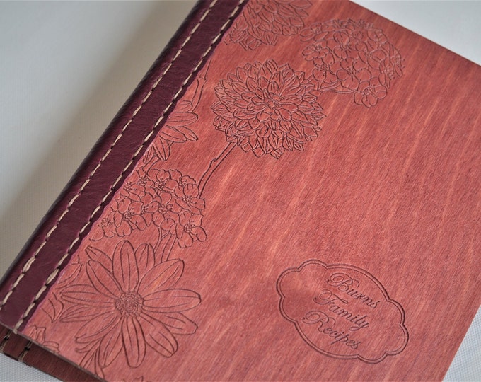 Custom recipe book - Personalized Recipe Wooden journal with dividers - A5 - leather bound book - Hand Sewn - Custom Engraved Design
