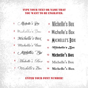 May include: A white background with black text showing 14 different font styles for the text "Michelle's Box". The text "Enter your font number!" is in red at the bottom of the image.