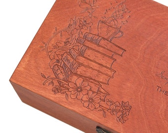 Boîte à thé en bois à monogramme, Heure du thé de méditation, Boîte en bois personnalisée pour servir vos thés préférés - Thé, fleurs, livres