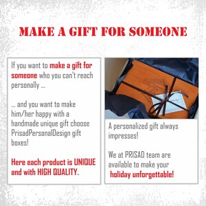 May include: A wooden gift box with a brown ribbon and a personalized inscription. The box is open and the inside is lined with blue fabric. The text on the box reads "Make a gift for someone".