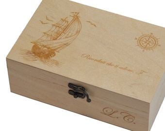 Monogrammed Wooden Memory Box - Personalised Valentine's Gift for Him - Retro Boat Sea Compass Design