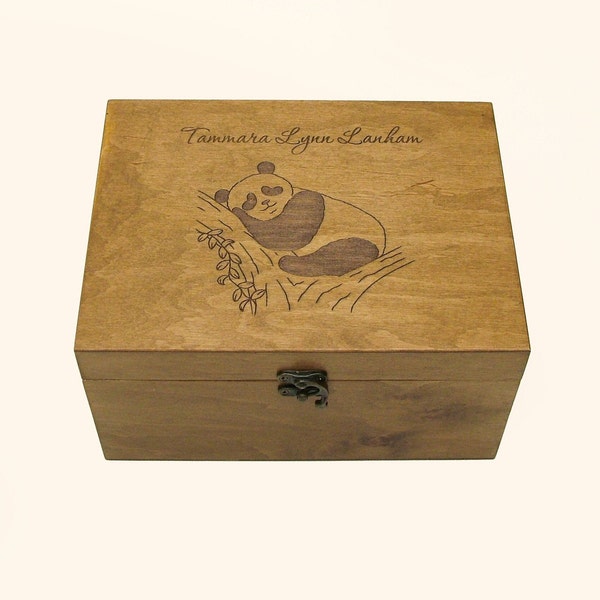 Custom Large Wooden Box Panda Bear Time capsule box 6 Sizes Customized name Baby wood box