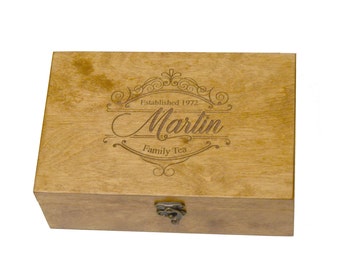 Customized Tea Box Engraved Tea Chest, Personalized Tea Storage Box, Tea Bag Organizer, Family gift, Mothers day gift box Christmas gift box