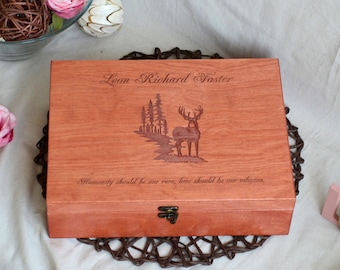 Personalized Memory Box, Wooden Keepsake Box ''Forest Deer Mountain'' Engraved Design, Customized gift, Storage box, Christmas gift for him