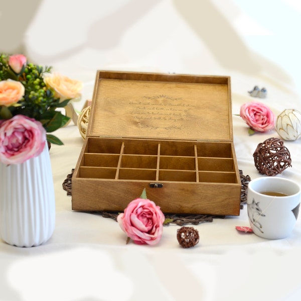 Unique Tea Lover's Gift - Personalized Wood Tea Box with Compartments - Ideal for Dad or Mom - Perfect for Housewarming or Christmas