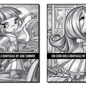 Grayscale Coloring Pages: 100 Chibi Girls Grayscale Adult Coloring Book by Jade Summer 100 Digital Coloring Pages Printable PDF Download image 6