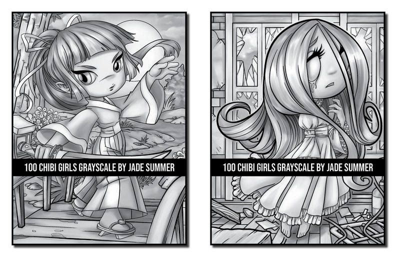 Grayscale Coloring Pages: 100 Chibi Girls Grayscale Adult Coloring Book by Jade Summer 100 Digital Coloring Pages Printable PDF Download image 6