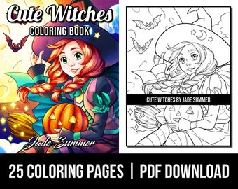 Fantasy Coloring Pages: Cute Witches Adult Coloring Book by Jade Summer | 25 Digital Coloring Pages (Printable, PDF Download)