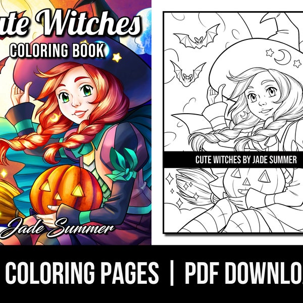 Fantasy Coloring Pages: Cute Witches Adult Coloring Book by Jade Summer | 25 Digital Coloring Pages (Printable, PDF Download)