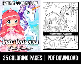 Fantasy Coloring Pages: Cute Unicorns Adult Coloring Book by Jade Summer | 25 Digital Coloring Pages (Printable, PDF Download)