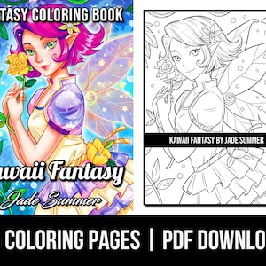 Cute Coloring Pages: Kawaii Fantasy Adult Coloring Book by Jade Summer | 25 Digital Coloring Pages (Printable, PDF Download)