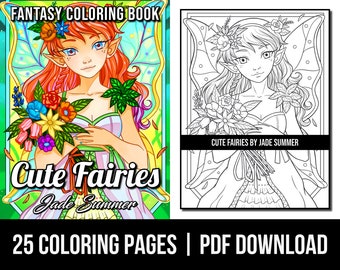 Fantasy Coloring Pages: Cute Fairies Adult Coloring Book by Jade Summer | 25 Digital Coloring Pages (Printable, PDF Download)