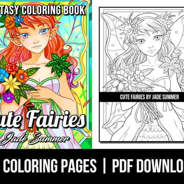 Páginas para colorear de fantasía: Lindo libro para colorear para adultos de hadas de Jade Summer / 25 páginas para colorear digitales (imprimible, descarga en PDF)