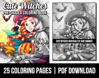 Grayscale Coloring Pages: Cute Witches Grayscale Adult Coloring Book by Jade Summer | 25 Digital Coloring Pages Printable PDF  Download