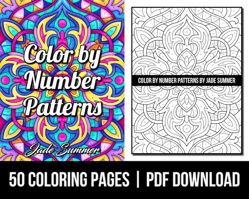 Color by Number Coloring Pages: Patterns Adult Coloring Book by Jade Summer 50 Digital Coloring Pages Printable, PDF Download image 1
