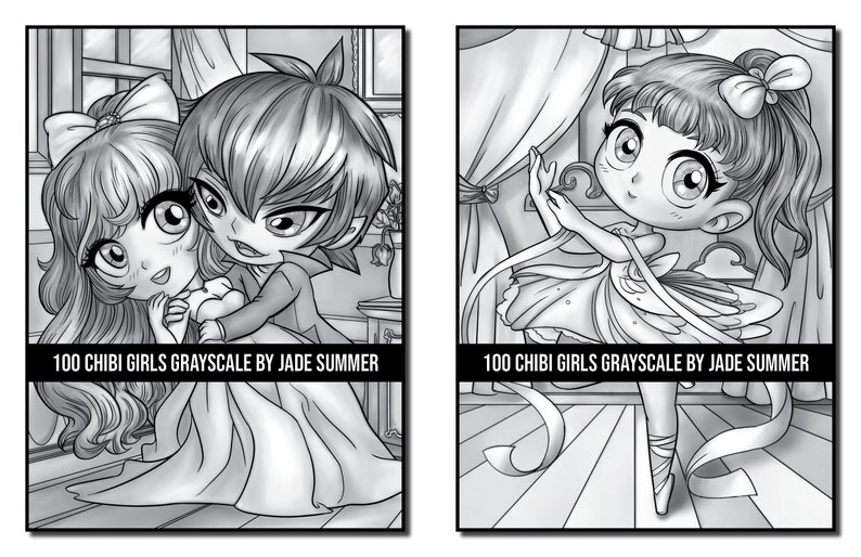 Grayscale Coloring Pages: 100 Chibi Girls Grayscale Adult Coloring Book by Jade Summer 100 Digital Coloring Pages Printable PDF Download image 3