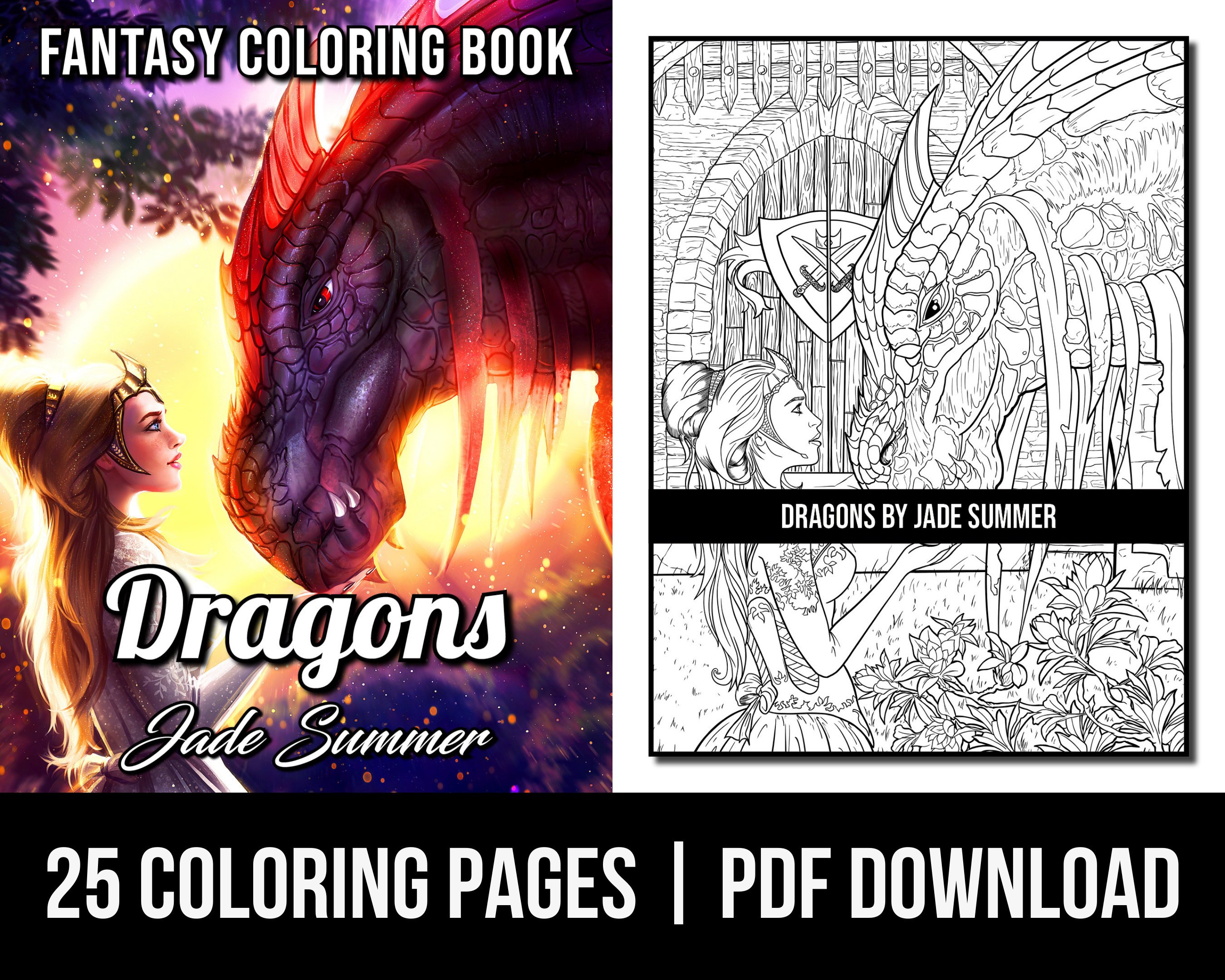 Fantasy Coloring Pages: Dragons Adult Coloring Book by Jade - Etsy