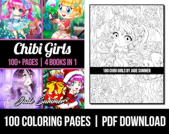 Coloriages mignons : 100 Chibi Girls, livre de coloriage pour adultes Jade Summer | 100 pages à colorier numériques (imprimables, téléchargement PDF)