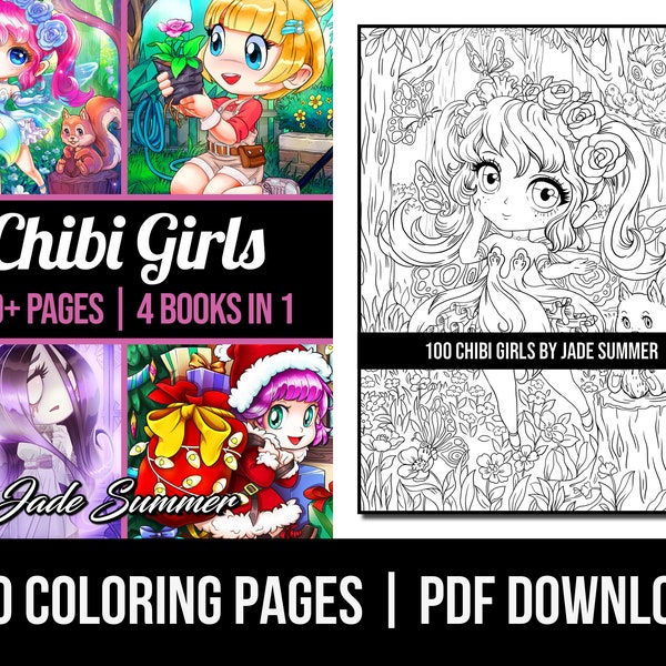 Coloriages mignons : 100 Chibi Girls, livre de coloriage pour adultes Jade Summer | 100 pages à colorier numériques (imprimables, téléchargement PDF)