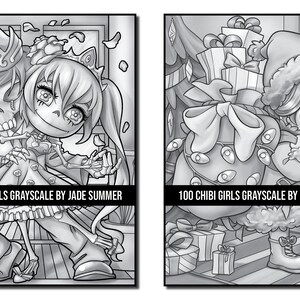 Grayscale Coloring Pages: 100 Chibi Girls Grayscale Adult Coloring Book by Jade Summer 100 Digital Coloring Pages Printable PDF Download image 8