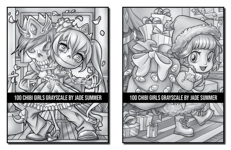 Grayscale Coloring Pages: 100 Chibi Girls Grayscale Adult Coloring Book by Jade Summer 100 Digital Coloring Pages Printable PDF Download image 8