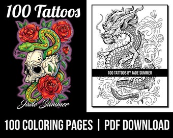 Tattoo Coloring Pages: 100 Tattoos Adult Coloring Book by Jade Summer | 100 Digital Coloring Pages (Printable, PDF Download)