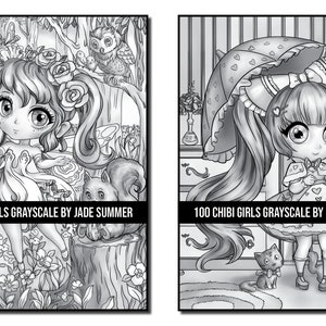Grayscale Coloring Pages: 100 Chibi Girls Grayscale Adult Coloring Book by Jade Summer 100 Digital Coloring Pages Printable PDF Download image 2