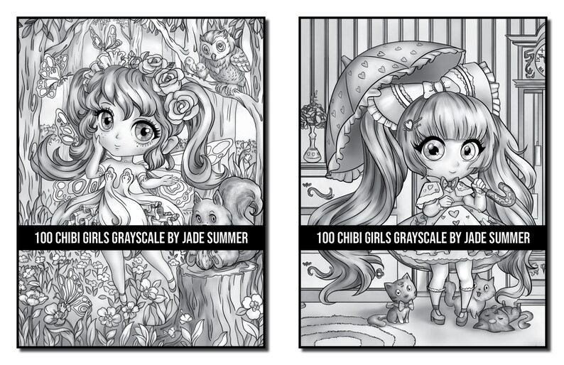 Grayscale Coloring Pages: 100 Chibi Girls Grayscale Adult Coloring Book by Jade Summer 100 Digital Coloring Pages Printable PDF Download image 2