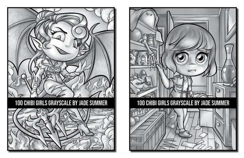 Grayscale Coloring Pages: 100 Chibi Girls Grayscale Adult Coloring Book by Jade Summer 100 Digital Coloring Pages Printable PDF Download image 7