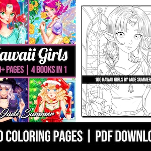 Cute Coloring Pages: 100 Kawaii Girls Adult Coloring Book by Jade Summer | 100 Digital Coloring Pages (Printable, PDF Download)