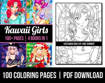 Cute Coloring Pages: 100 Kawaii Girls Adult Coloring Book by Jade Summer | 100 Digital Coloring Pages (Printable, PDF Download)