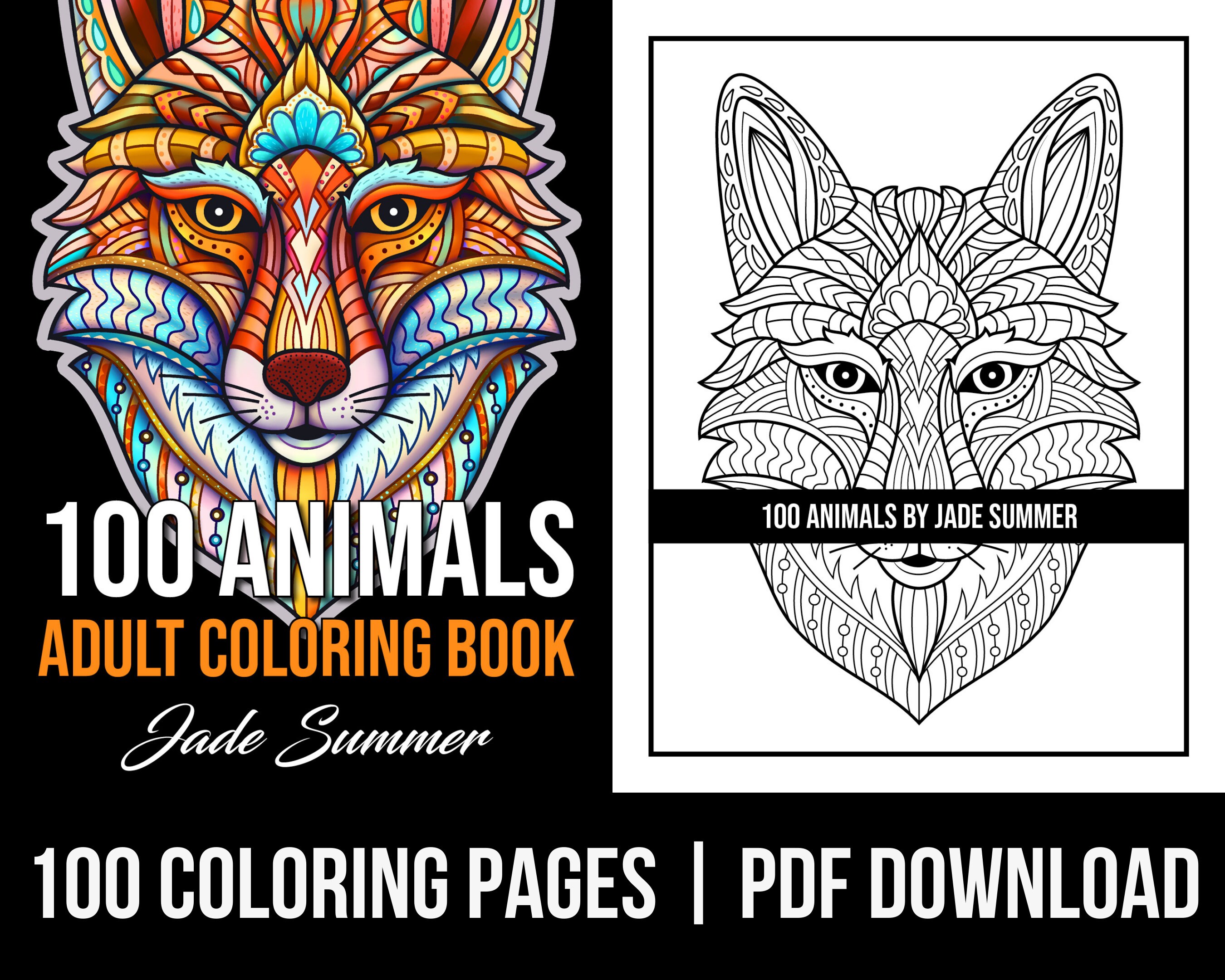 Animal Coloring Pages: 100 Animals Adult Coloring Book by Jade Summer 100  Digital Coloring Pages printable, PDF Download 