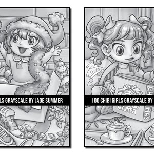 Grayscale Coloring Pages: 100 Chibi Girls Grayscale Adult Coloring Book by Jade Summer 100 Digital Coloring Pages Printable PDF Download image 9