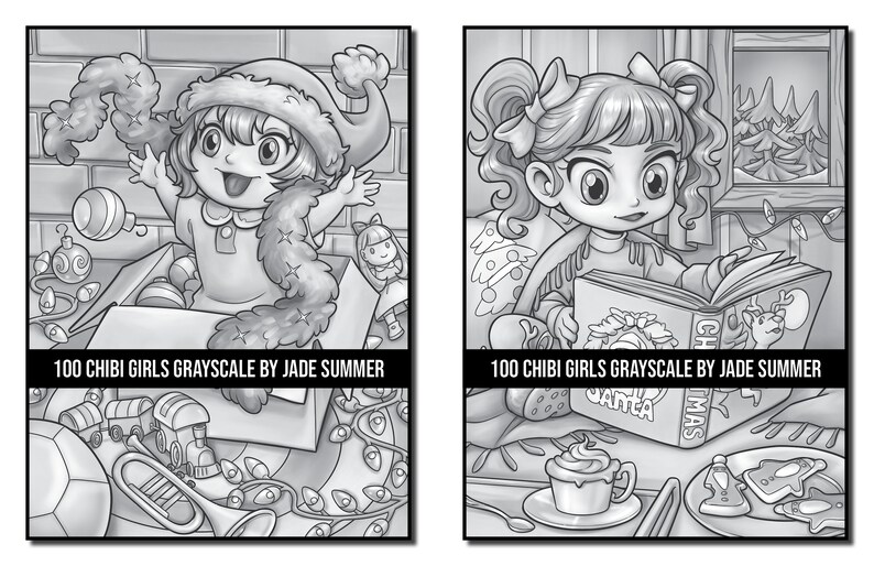 Grayscale Coloring Pages: 100 Chibi Girls Grayscale Adult Coloring Book by Jade Summer 100 Digital Coloring Pages Printable PDF Download image 9