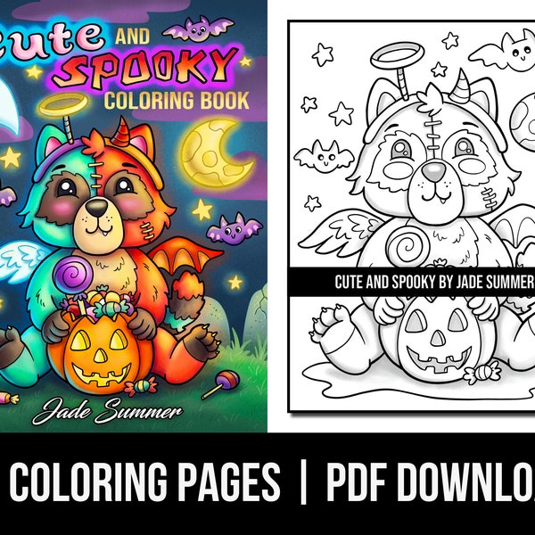 Coloring Pages: Cute and Spooky Adult Coloring Book by Jade Summer | 50 Digital Coloring Pages (Printable, PDF Download)