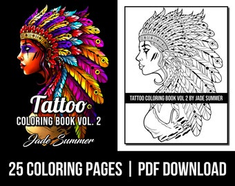 Tattoo Coloring Pages: Tattoos  2 | Adult Coloring Book by Jade Summer |  25 Digital Coloring Pages (Printable, PDF Download)