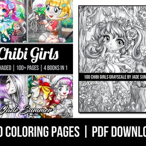 Grayscale Coloring Pages: 100 Chibi Girls Grayscale Adult Coloring Book by Jade Summer 100 Digital Coloring Pages Printable PDF Download image 1