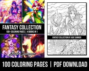 Fantasy Coloring Pages: Fantasy Collection Adult Coloring Book by Jade Summer | 100 Digital Coloring Pages (Printable, PDF Download)