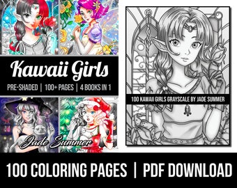 Grayscale Coloring Pages: 100 Kawaii Girls Grayscale Adult Coloring Book by Jade Summer | 100 Digital Coloring Pages Printable PDF  Download