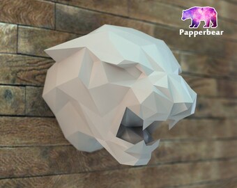 Low poly Leopard panther porpoising trophy model printable DIY pdf papercraft template, Paper sculpture
