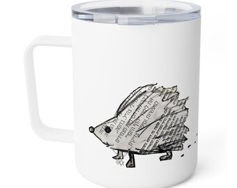 Small but fierce ... cute hedgehog created with a hebrew newspaper and a Star of David necklace. Insulated Coffee Mug, 10oz