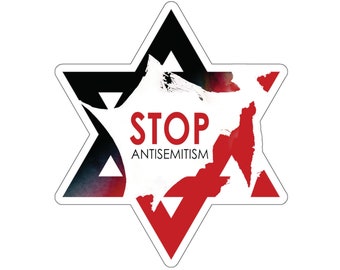 May include: A red and black Star of David with a white center. The words "STOP ANTISEMITISM" are written in red on the white center.