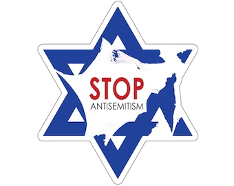 May include: A sticker featuring a blue Star of David with white and blue brushstrokes. The red text in the center reads "STOP ANTISEMITISM". The sticker has a white border and background.