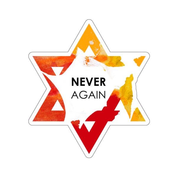 NEVER again! Yellow and red Star of David cut out shape sticker. Support Israel!