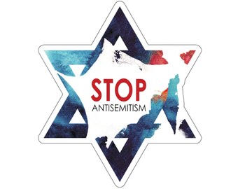 May include: A blue and red watercolor star of David with the words "STOP ANTISEMITISM" in white text.