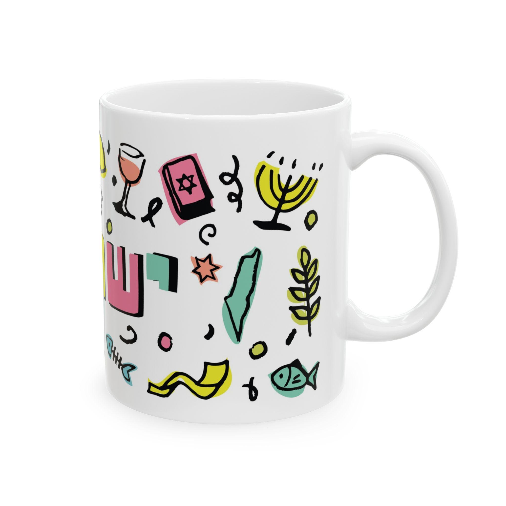 Israel Jewish Festival Icons Ceramic Mug, Happy Holidays Cup, Custom Tea Coffee Mug Gift, Festival Drawings Drinkware, Hanukkah Passover